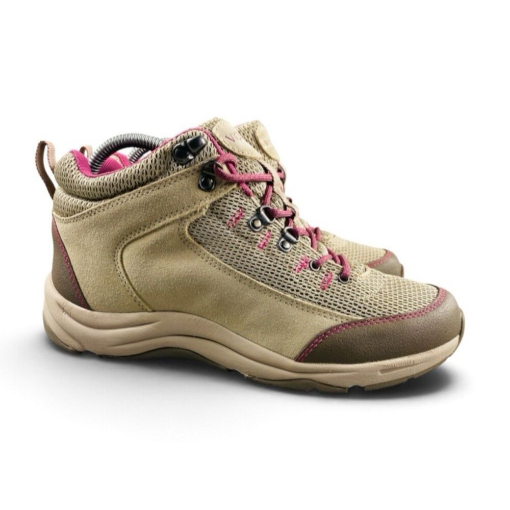 Vionic Cypress Hiking Boots Womens 8.5 Wide Tan Pink Suede Mesh Lace Up